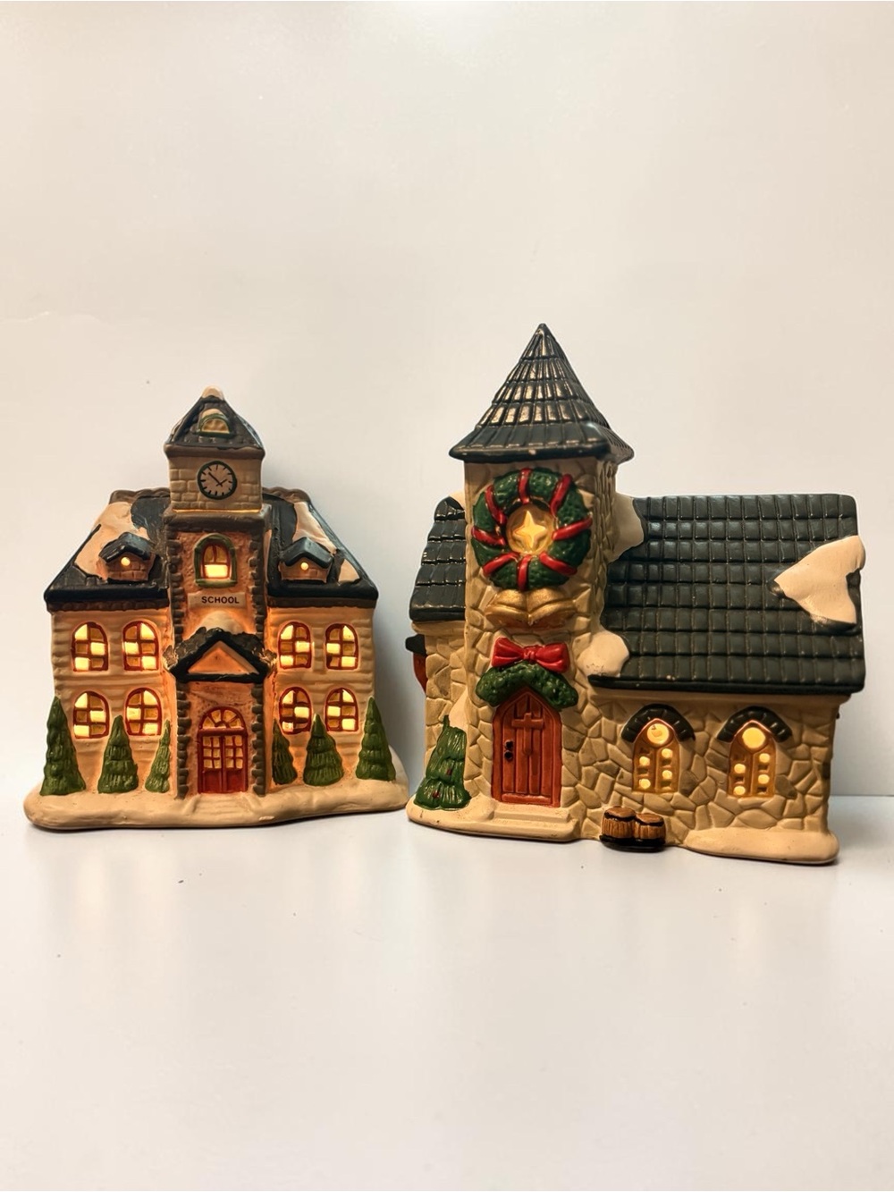 Vintage Lighted Christmas Village Houses Set of 2 School & Church Holiday Decor